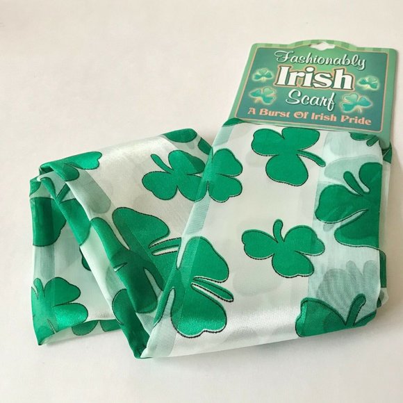 Green Satin Irish Celtic Shamrock Scarf White St. Patricks Day Chiffon 57" X 8" - Picture 2 of 9